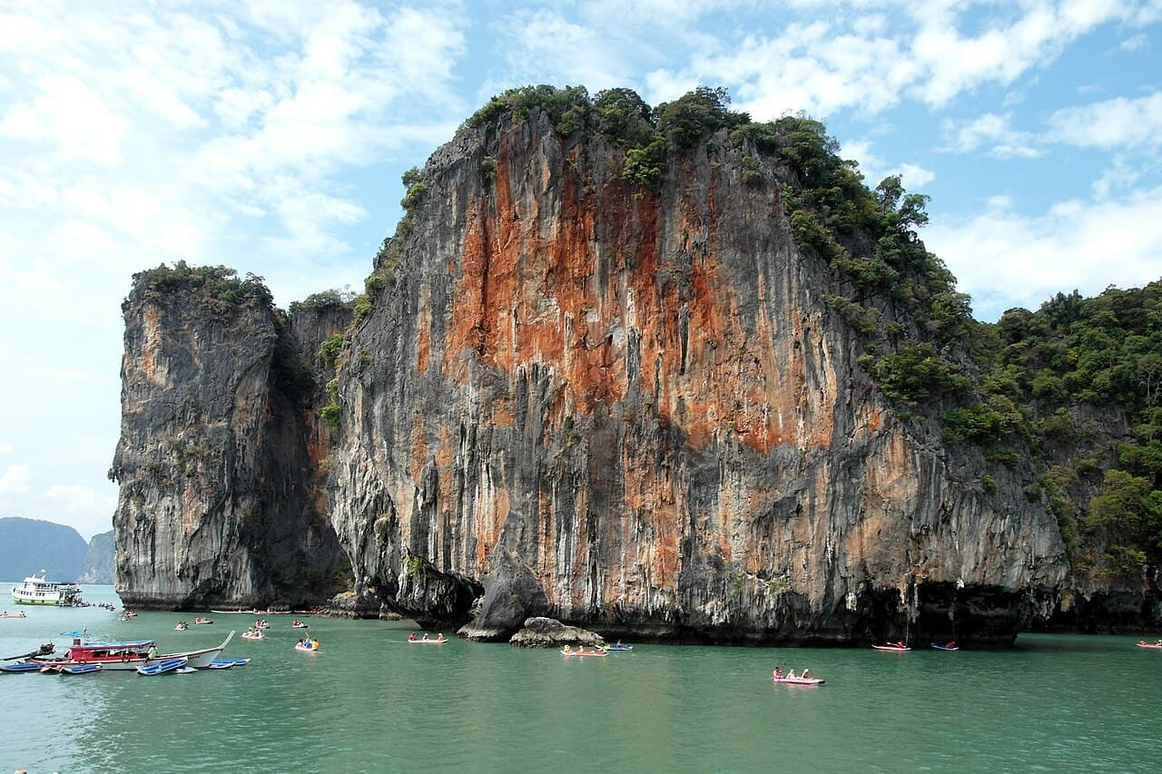 Cliffs and longtail boats at Ko Hong, Krabi